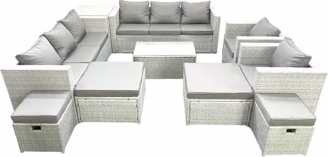 Fimous 10 Piece Rattan Garden Furniture Set in Light Grey with Upholstered Cushions, Lounge Armchairs, Ottomans, Coffee Table and Side Table
