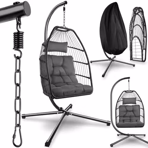 tectake Grey Rattan Egg Chair with Powder Coated Steel Stand and Cushions – 1