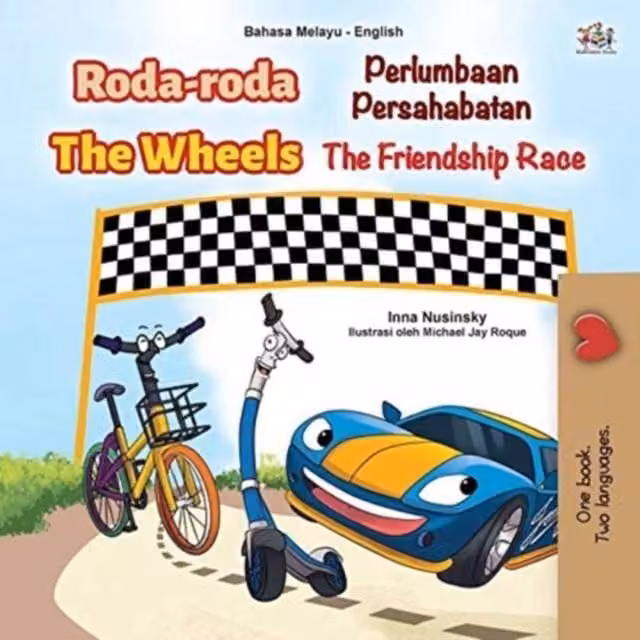 Kidkiddos Books The Wheels - The Friendship Race Malay English Bilingual Book in White and Multicolour