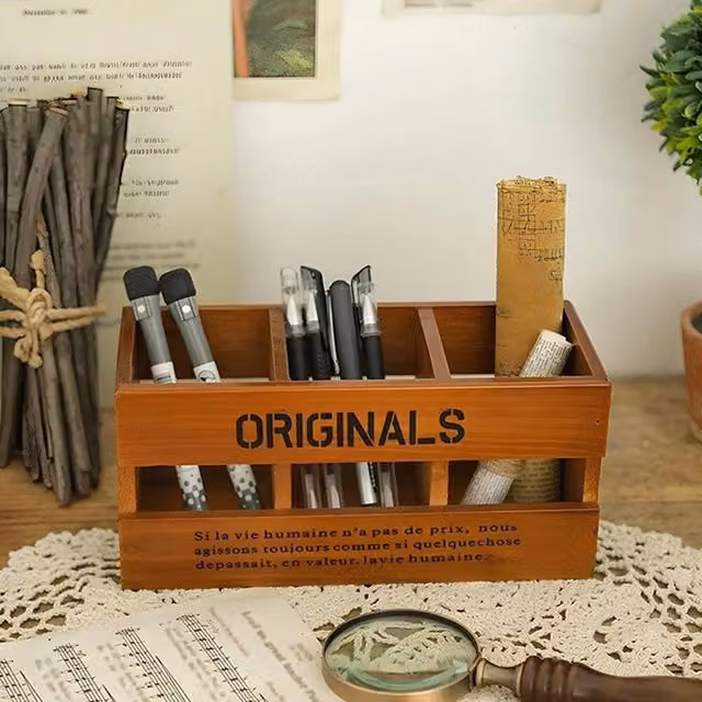 EONLION A Multi-Compartment Wooden Desktop Pen and Pencil Holder in Brown – 1