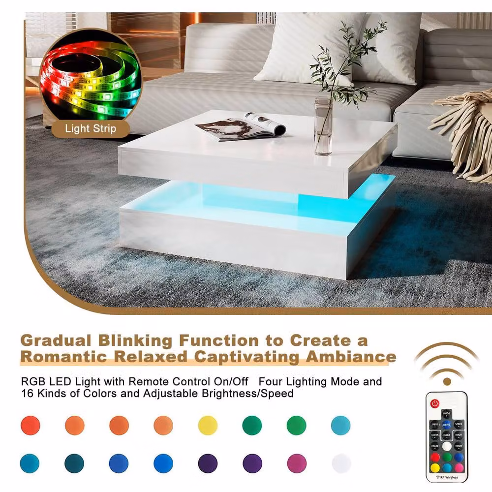 KEEPREAPER 2-Tier Square LED Coffee Table with Storage in White Glossy Finish – 5