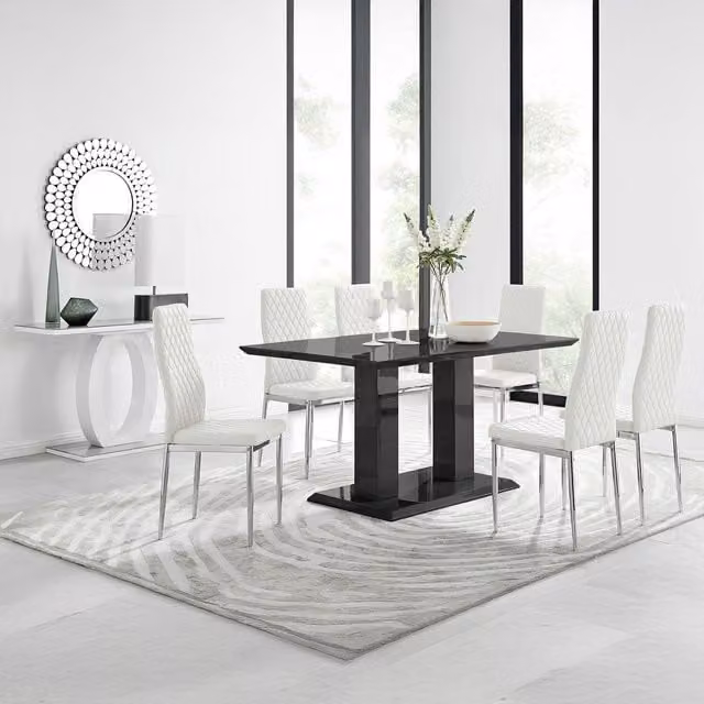 FurnitureboxUK Imperia Black High Gloss Rectangular Dining Table and 6 Milan Dining Chairs Set in White