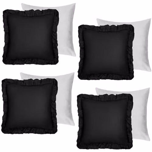 OHS Set of 4 Black Linen Frill Cushion Covers and Pads, W/D/H: 45 x 45 x 45 cm – 1