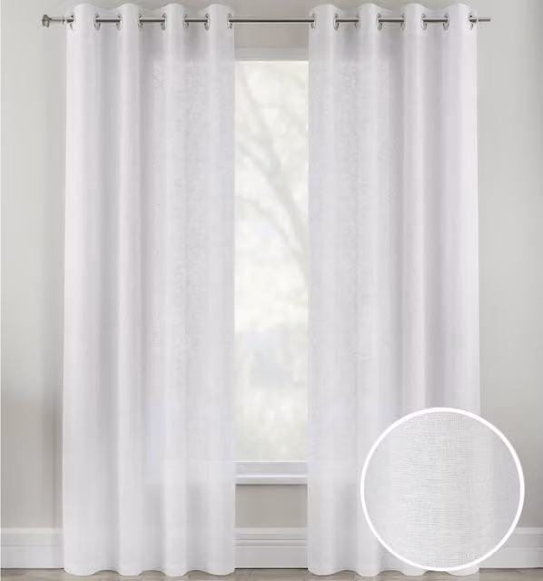Tyrone Textiles Pair of Plain White Eyelet Sheer Linen-Look Voile Panels, Height: 183 cm