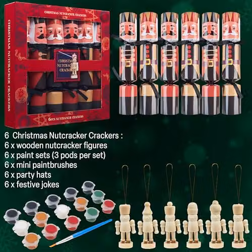 KreativeKraft 6 Pack Red Paint Your Own Nutcracker Christmas Crackers with Multicolour Star and Animal Decorations – 6