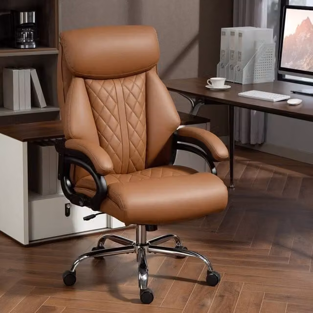 EONLION Brown Synthetic Leather Modern Task Chair with Headrest and Armrests