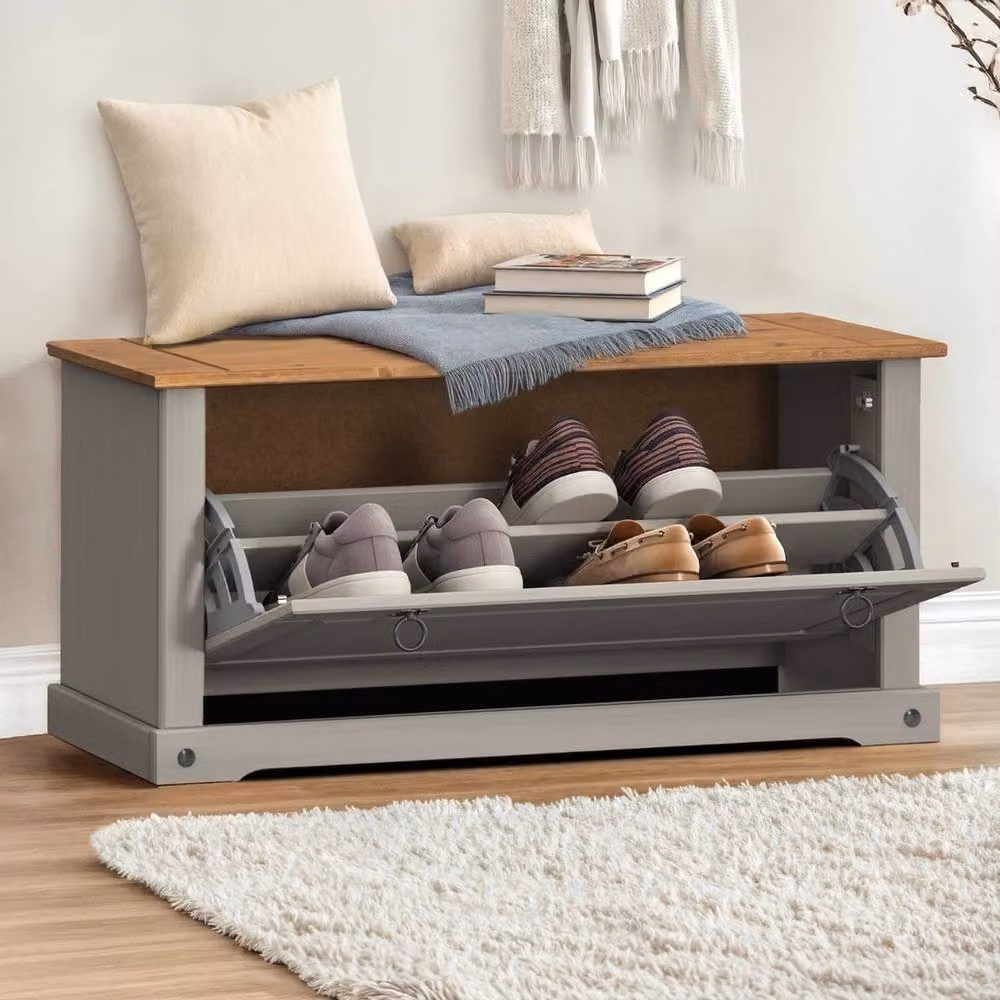 FORGEVIO Corona Grey Rustic Pine and Metal Shoe Rack Chest with Tilting Compartments and Internal Shelf – 2