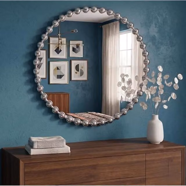 DEENZ Round Beaded Wall Mirror, Silver, Dia: 60 cm