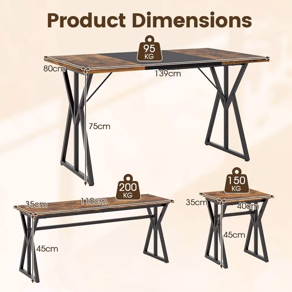 Costway 5-Piece Industrial Dining Room Set with Rectangular Table, 2 Benches and 2 Stools in Brown – 2