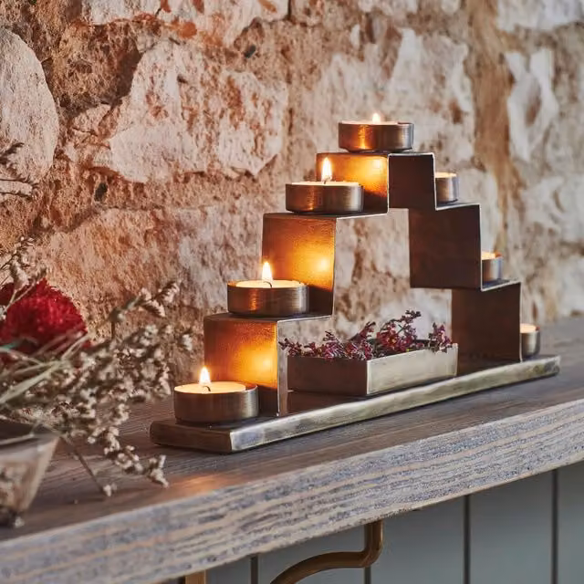 Ivyline Tealight Candle Holder with Decor Box in Gold Metal, W35.5 cm, H16.5 cm – 1