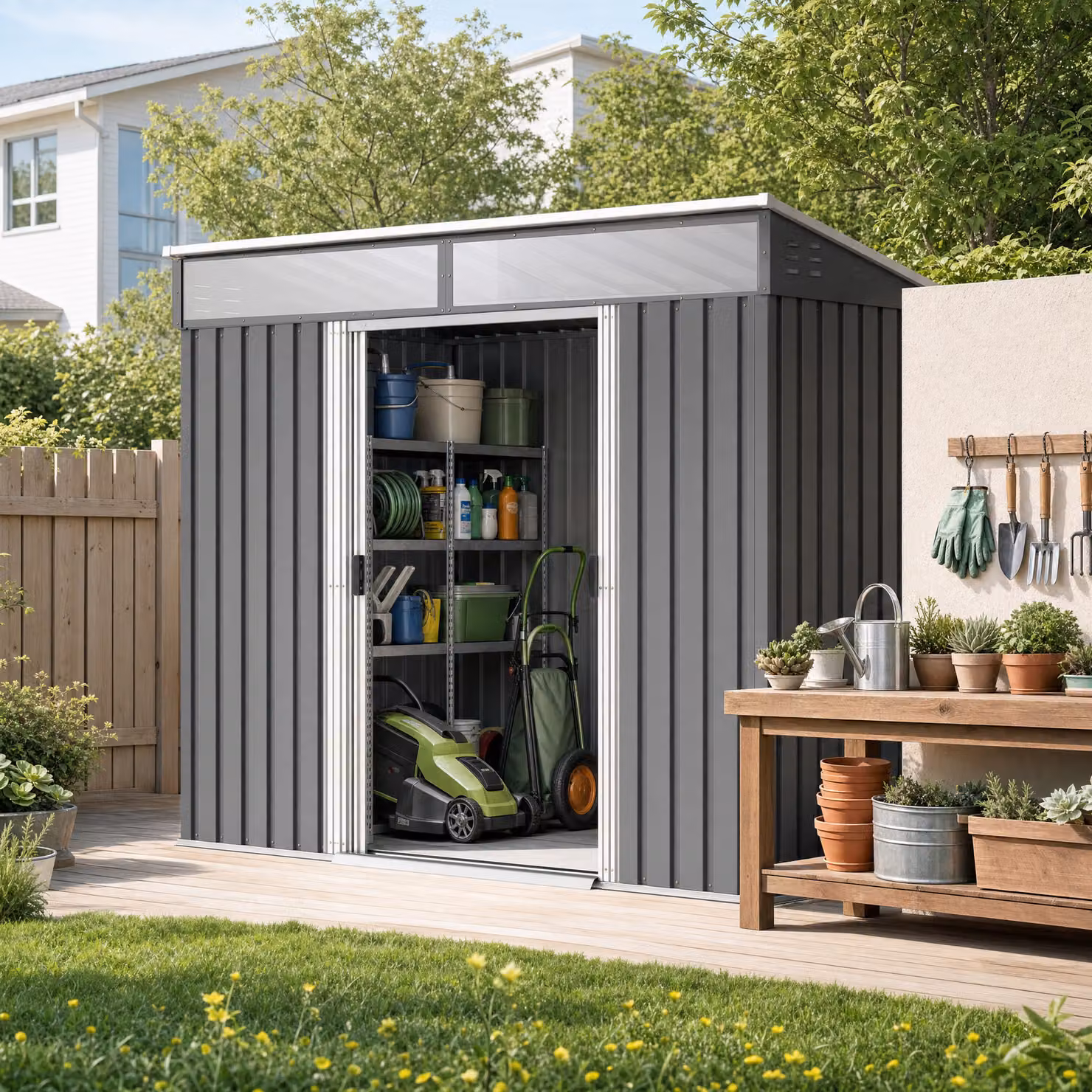 Outsunny Grey Metal Pent Garden Shed with Foundation and Lockable Sliding Doors, W/D/H: 184 x 122 x 181 cm – 2
