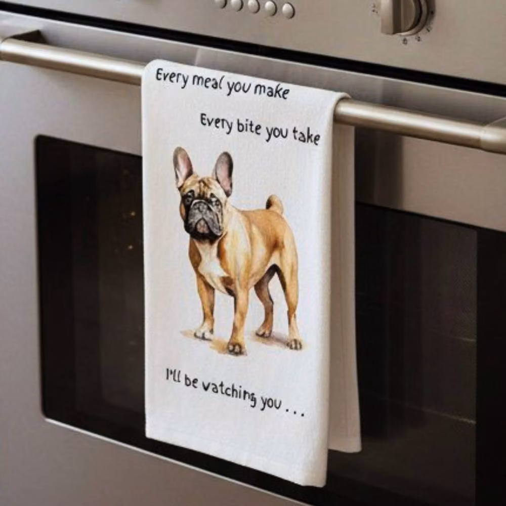 Animal Crackers French Bulldog Cotton Tea Towel in White and Grey with Watching You Wording, 66 cm – 3