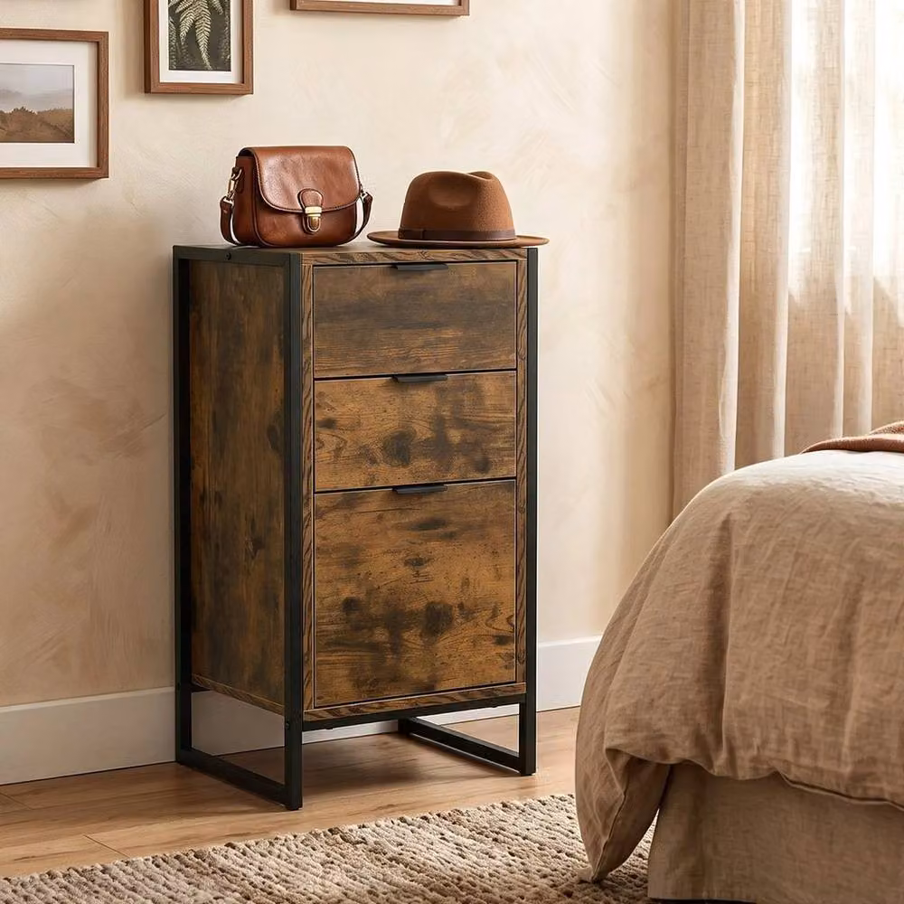 PAWNORA 3-Drawer Industrial Bedroom Chest of Drawers in Brown – 5