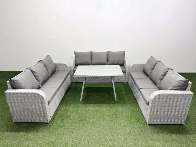 Fimous 9 Seat Outdoor PE Rattan Garden Furniture Set with Cushions and 3 Seater Sofa in Light Grey
