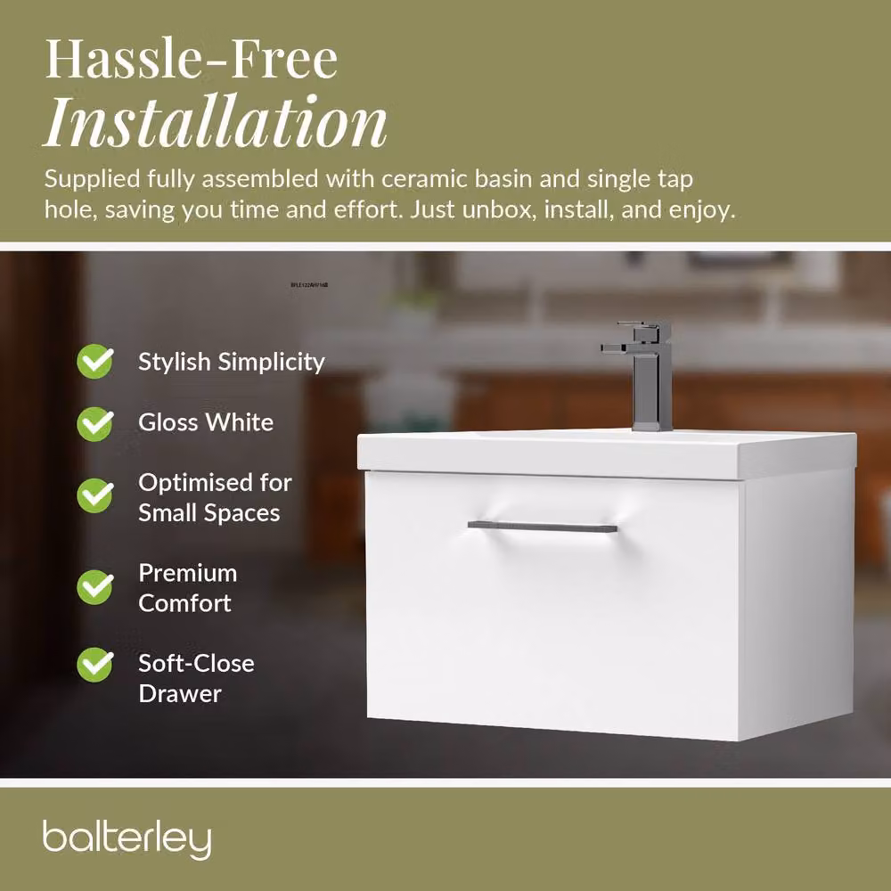 Balterley Gloss White Wall Hung 1 Drawer Vanity Basin Unit with Pewter Handle, Width: 60 cm – 5