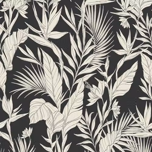 Grandeco Glistening Lucia Tropical Foliage Blown Vinyl Wallpaper in Black and White