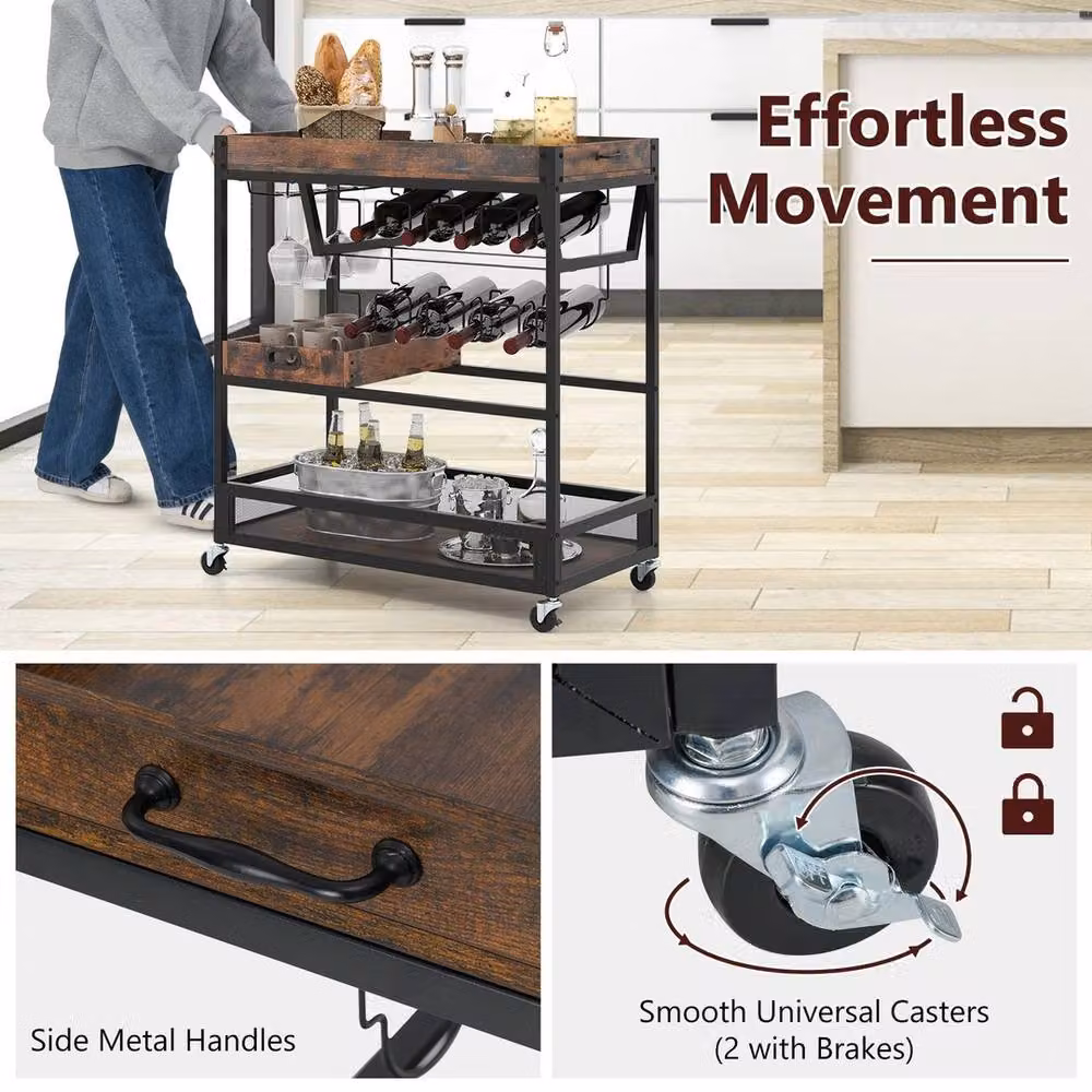 VOGREX Brown 3-Tier Industrial Metal and Glass Rolling Bar Cart and Kitchen Trolley with Wine Rack – 4