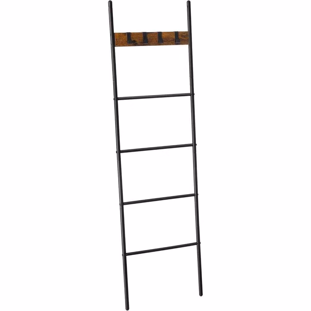 The Bazaarist 5 Tier Industrial Ladder Shelf with Towel Rack and Hooks in Brown and Black – 2