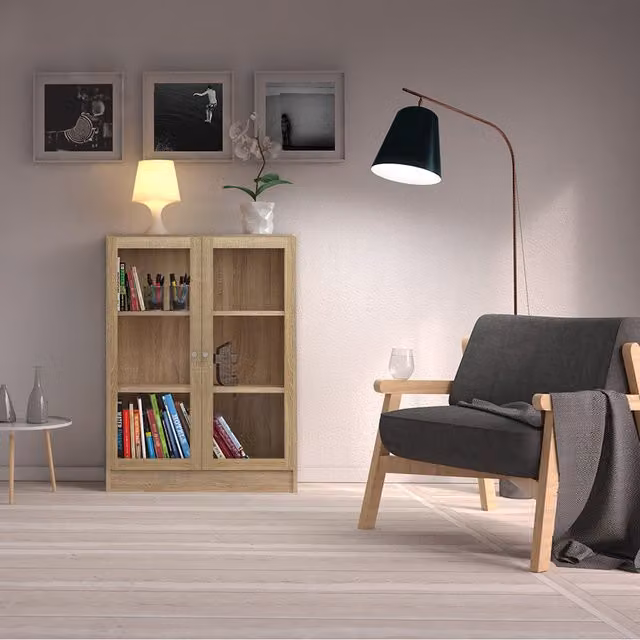 Furniture To Go Basic Low Wide Display Cabinet with 2 Glass Doors and 2 Internal Shelves in Oak Brown