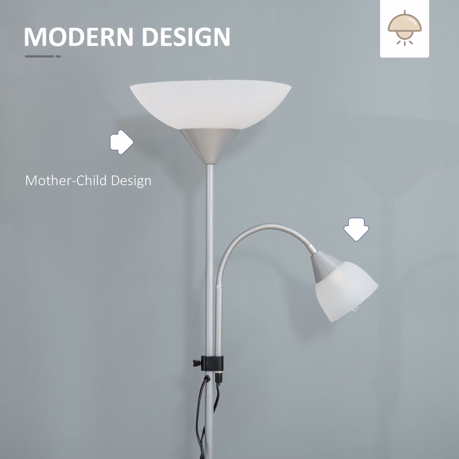HOMCOM Modern Floor Reading Lamp with 2 Adjustable Heads and Silver Metal Base, Height: 179.5 cm – 3