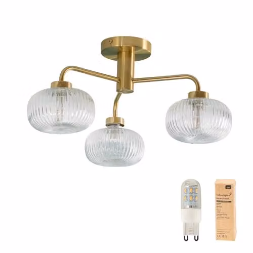 ValueLights Gold 3 Way Ceiling Light Fitting with Clear Ribbed Glass Lampshades and Included Bulb – 1
