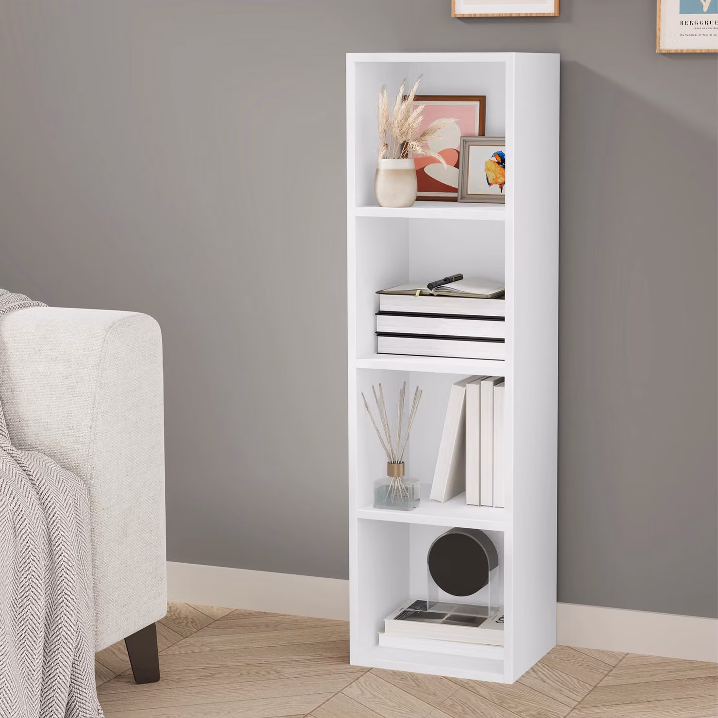 DHS Modern White Cube Storage Unit with 4 Shelves and Back Panel