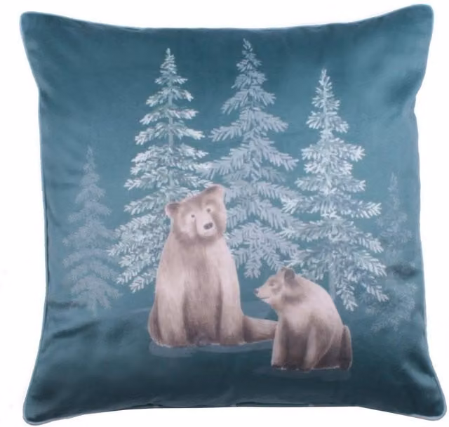Dreams & Drapes Woodland Bear Velvet Cushion in Petrol, W/D/H: 43 x 43 x 43 cm – 1