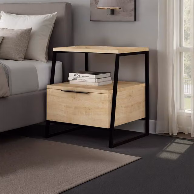 FWStyle Modern 1 Door Bedside Table with Black Metal Frame and Oak Finish