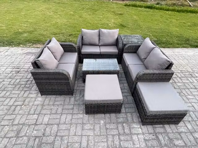 Fimous 8 Seater Rattan Garden Furniture Set in Dark Grey with U-Shape Lounge Sofa, Coffee Table, Side Table and Ottomans