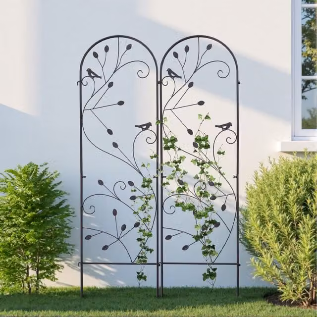Lifeideas Set of 2 Black Metal Garden Trellis Supports for Climbing Plants, Height: 176.5 cm