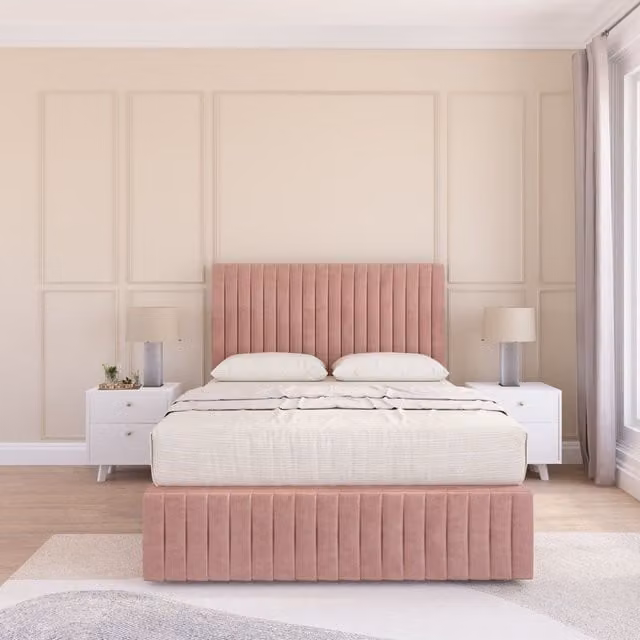 Sloomy Madison Divan Bed Set with Matching Footboard in Pink Plush Velvet, King Size W/D/H: 180 x 200 cm