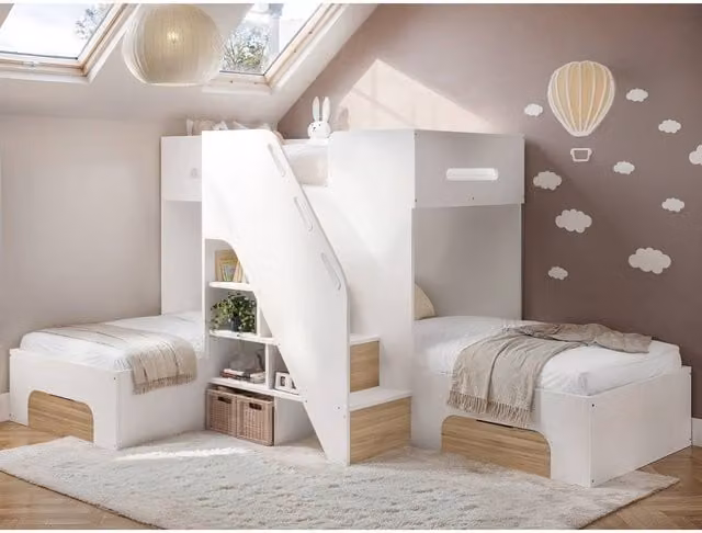 Flair Mason Single Staircase Triple Sleeper Bed with Storage Drawers and Bedside Shelf in Oak – 1