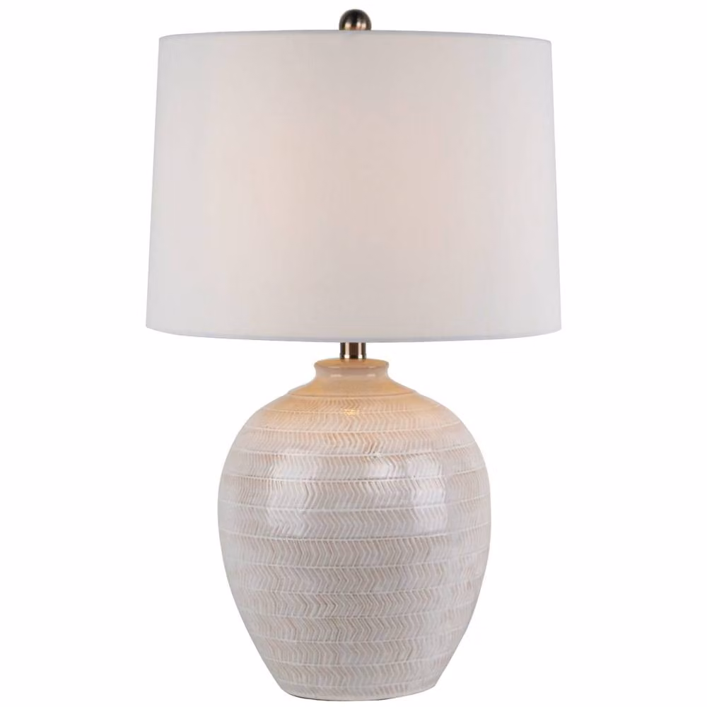 Wyld Haus Provence Cream Chevron Ceramic Table Lamp with Beige Linen Shade, H 63 cm x W 41 cm x D 41 cm – 2