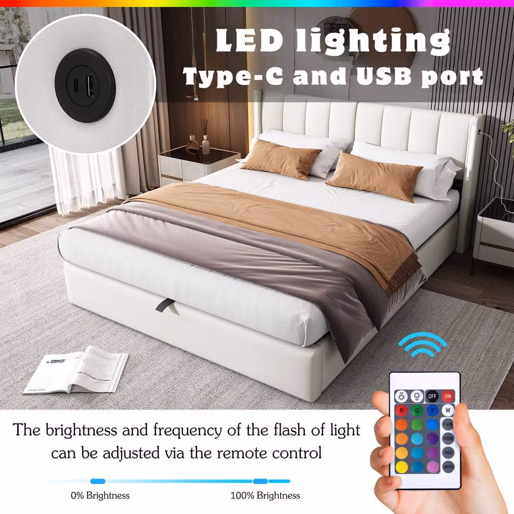 Matteo White Upholstered Super King Bed with LED Headboard, Storage and USB Charging Ports – 2