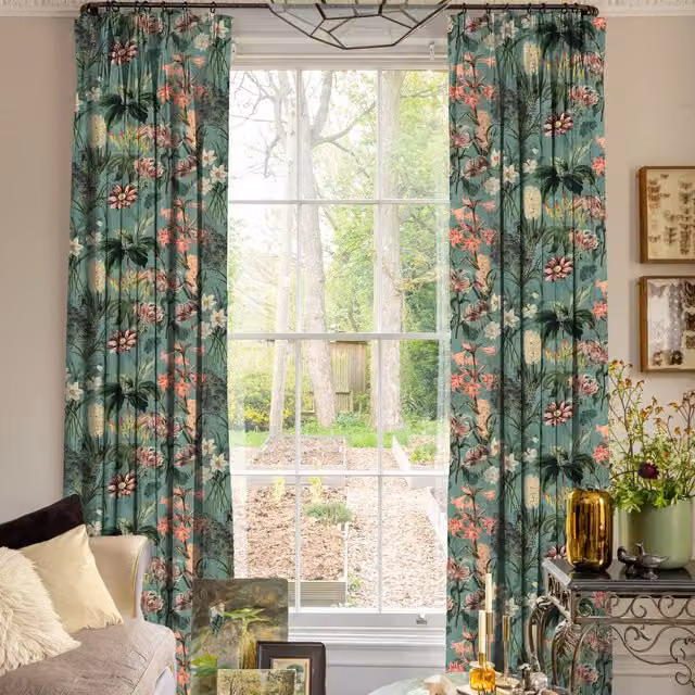 Linda Barker Grandi Floral Velvet Made To Measure Curtains in Celadon Green