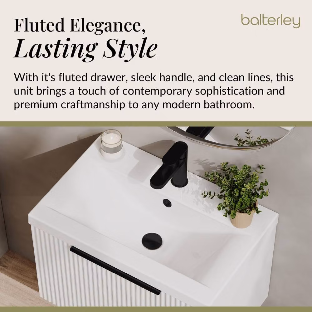 Balterley Fluted Front Wall Hung 1 Drawer Vanity Basin Unit, Satin White, W: 60 cm – 2