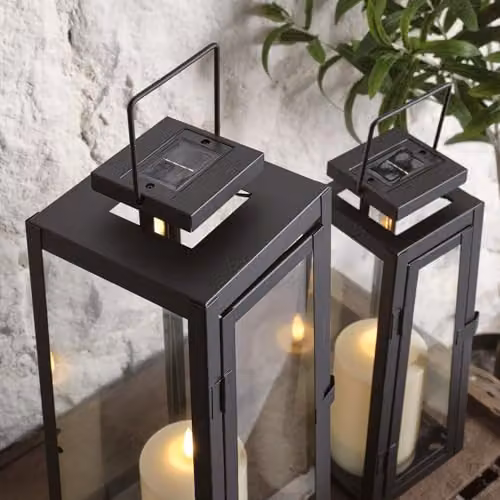 Lights4fun Porto Solar Metal Lantern Bundle, Set of 2 Black and Anthracite Decorative Outdoor Garden LED Candle Lanterns, IP44 Waterproof – 3