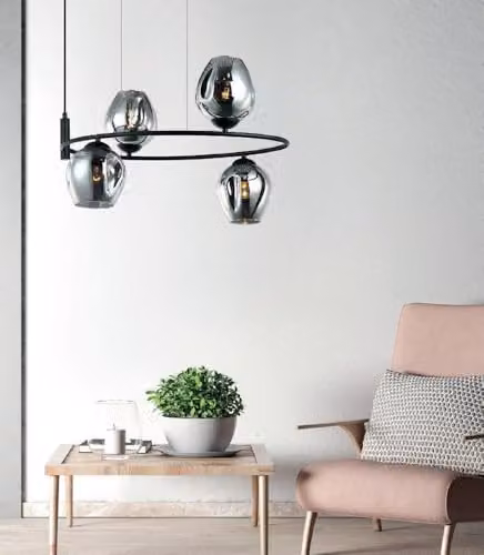 Netlighting Italux Roxane Modern Hanging Pendant in Black with 4 Grey Glass Shades and E27 Sockets – 2