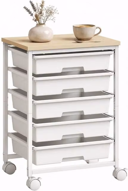 HOMCOM 6-Tier Storage Trolley on Wheels with 5 Pull-Out Drawers, White