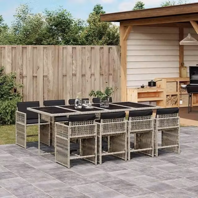 Berkfield Home 9 Piece Grey Poly Rattan Garden Dining Set with Cushions and Glass Tabletop