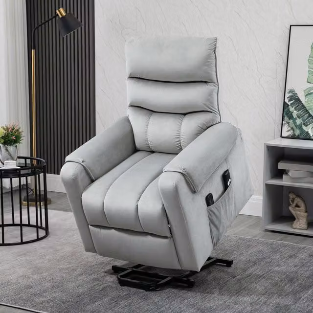 HOMCOM Grey Velvet Fabric Electric Power Lift Recliner TV Chair with Armrests and Pocket