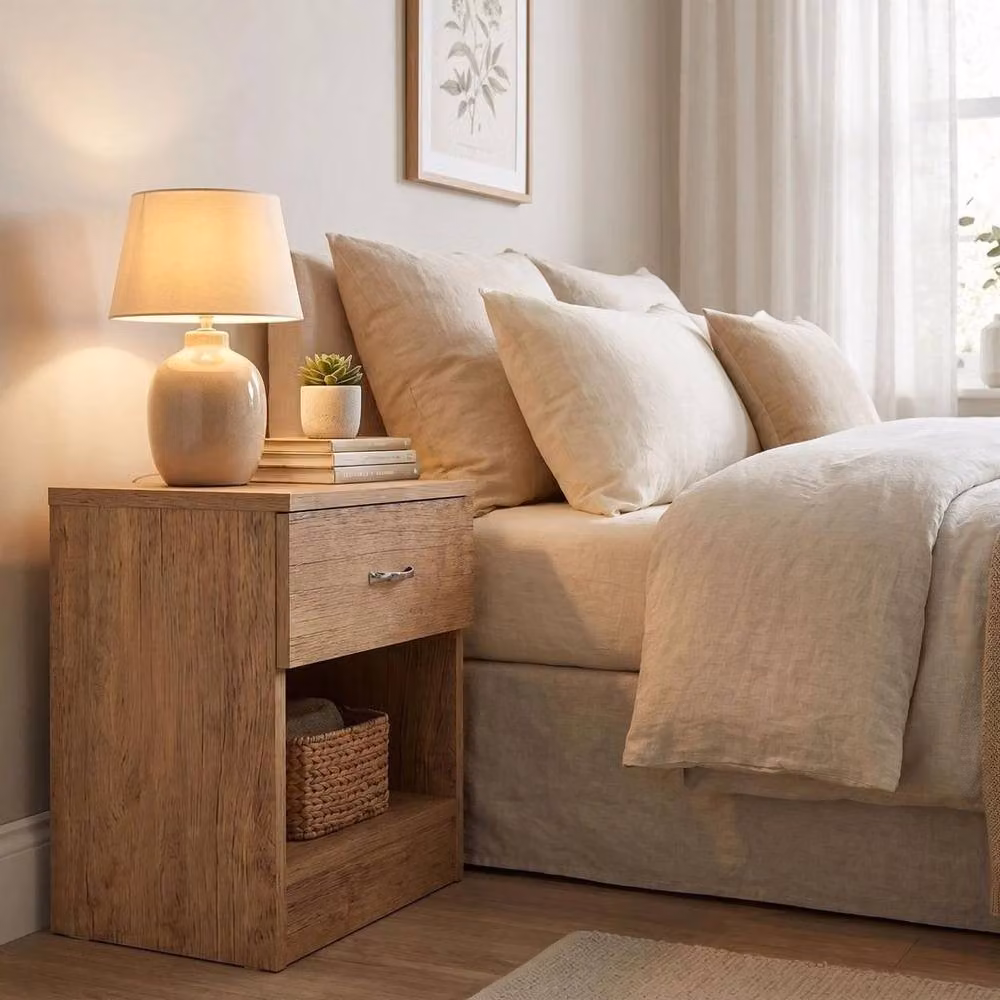 FORGEVIO Modern 1 Drawer Bedside Table in Light Oak Effect – 3