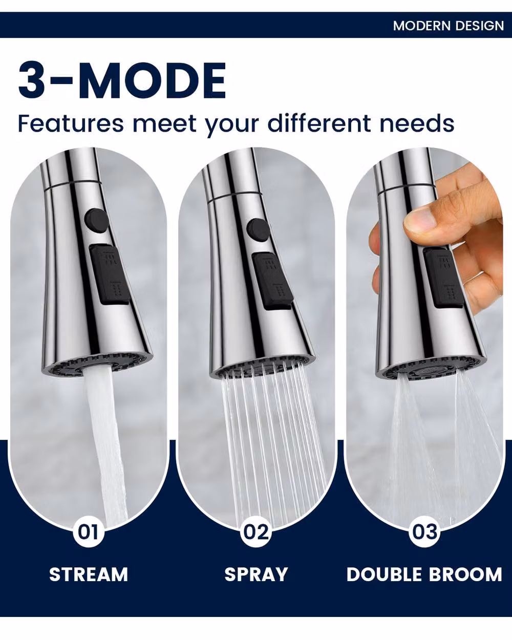 Dayone Sleek Dual Lever Kitchen Tap in Silver Stainless Steel with Pull Out Spray Spout and 360 Degree Swivel – 7