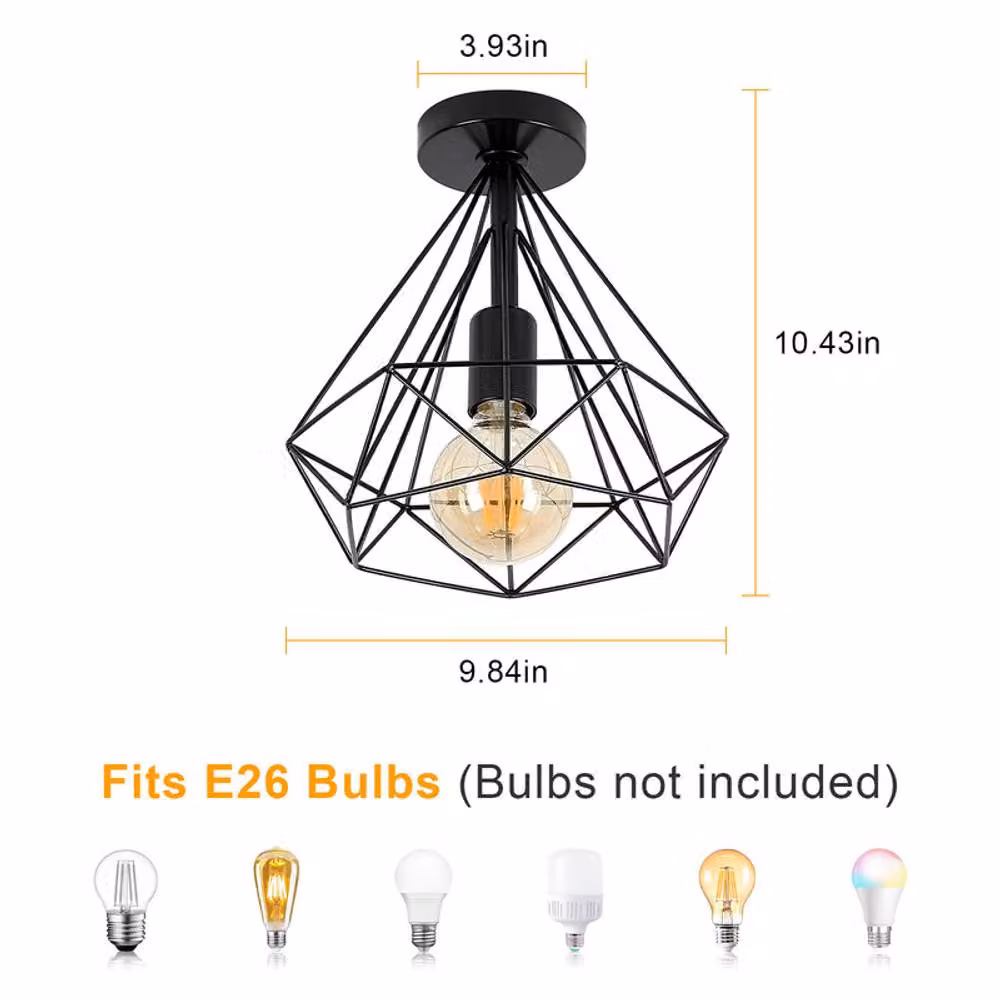 COMELY Vintage Industrial Semi-Flush Mount Basket Cage Ceiling Light in Black with E27 Socket – 4