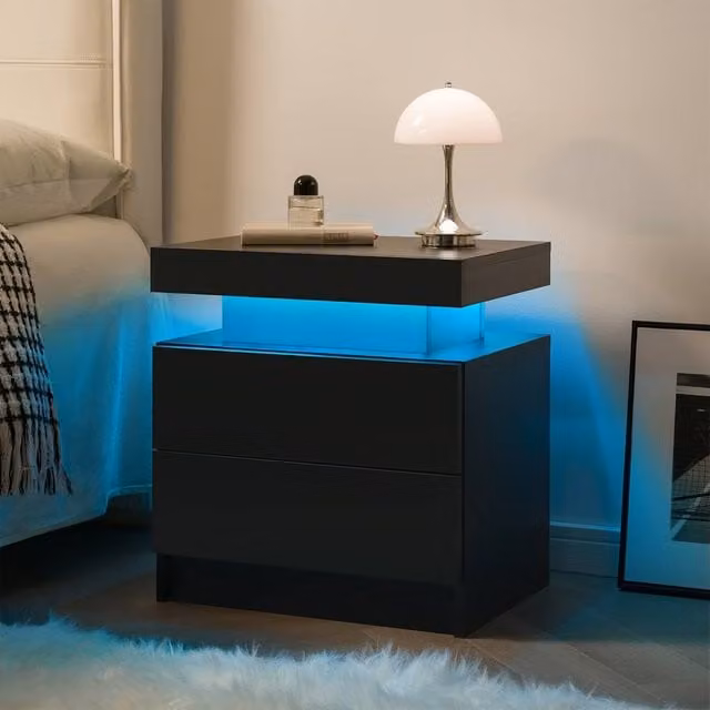 Direct Wicker Modern Black Rattan Bedside Table with Integrated LED Lighting and 2 Drawers
