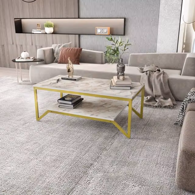 Decorotika Flora Modern Rectangular Coffee Table in Gold and White