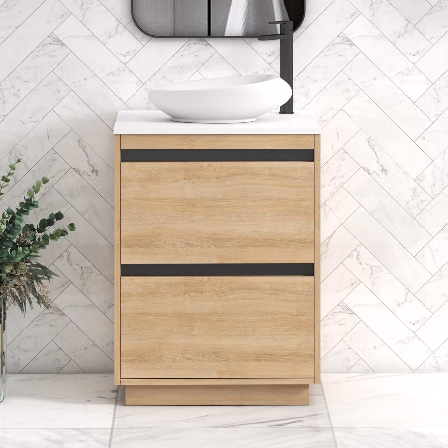 Royal Bathrooms Orion 600mm Natural Oak Floor Standing 2 Drawer Vanity Unit with Nova Basin and Black Accent Trim in Plain White