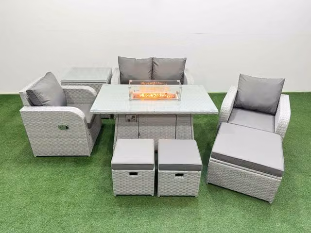 Fimous 7 Seater Light Grey PE Wicker Rattan Garden Furniture Set with Reclining Chairs, Firepit, Dining Table, 3 Stools and Side Table