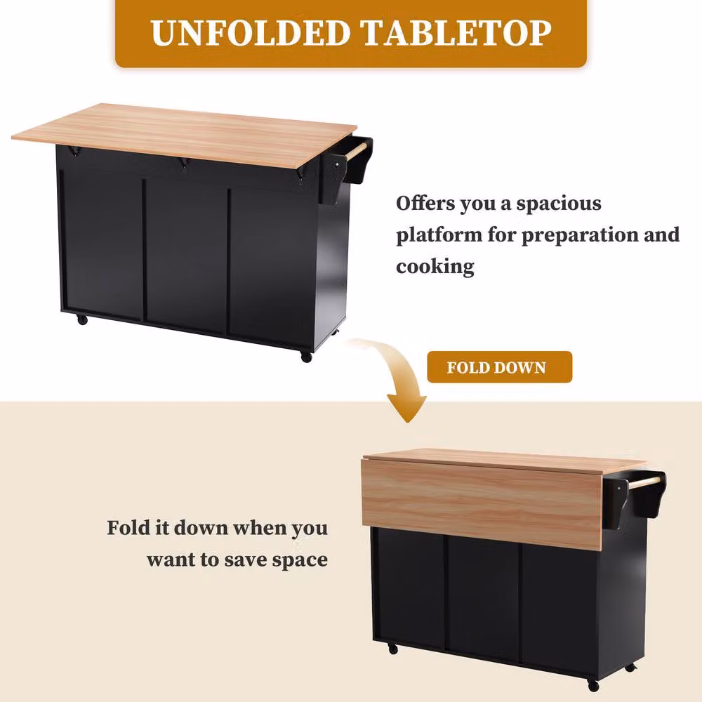 Matteo Kitchen Island with Foldable Top, Adjustable Shelves and Wheels in Black – 3