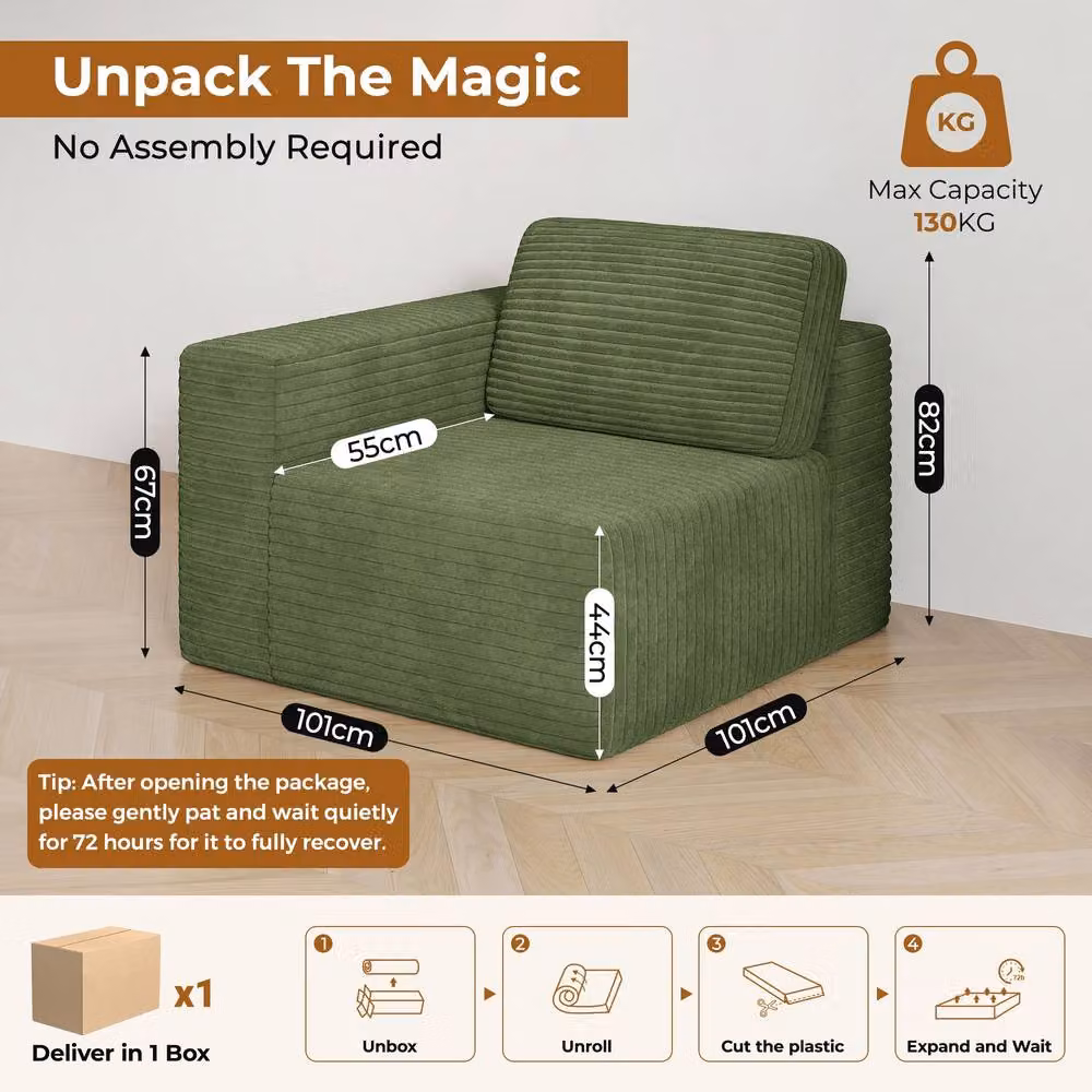Dprodo Corduroy Modular Sofa, Left Seat Only, Green, W/D/H: 101 x 101 x 82 cm – 2